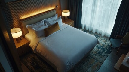 A high-end hotel bedroom with a golden-accented headboard, fluffy pillows, and warm lighting, aerial view.