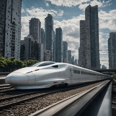 Naklejka premium A sleek white bullet train speeding through a futuristic Citysearch.