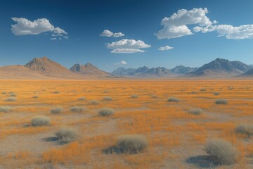 Fototapeta premium Stunning desert landscape showcases mountains and vibrant orange grass under a clear blue sky