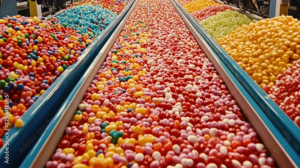Aufkleber a high-tech candy factory with automated machinery sorting and packaging candies.