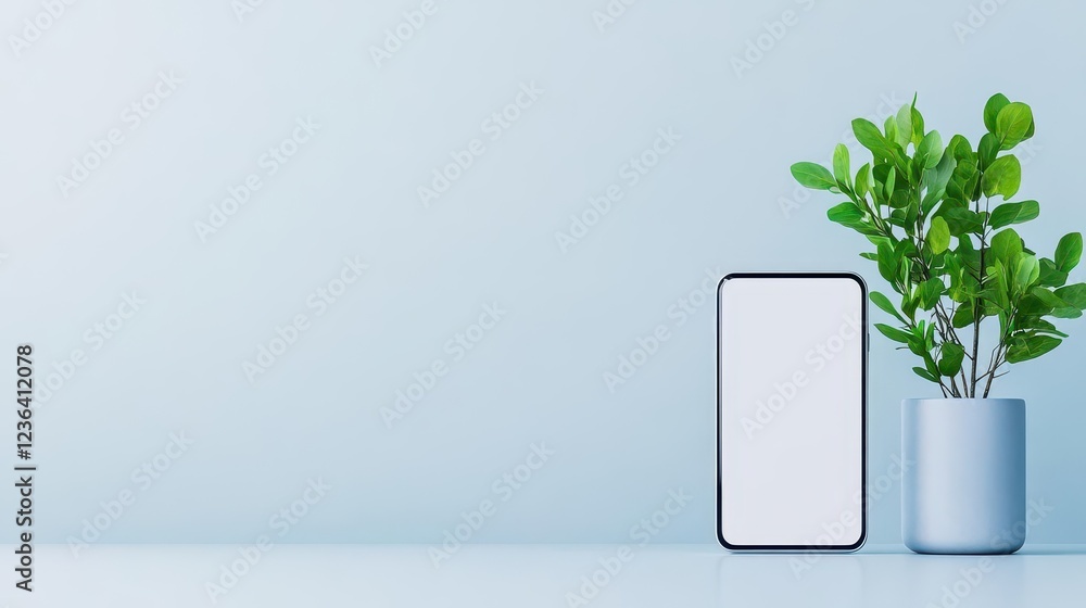 Poster elegant minimalist arrangement featuring a lush green plant in a pure white vase complemented by a s