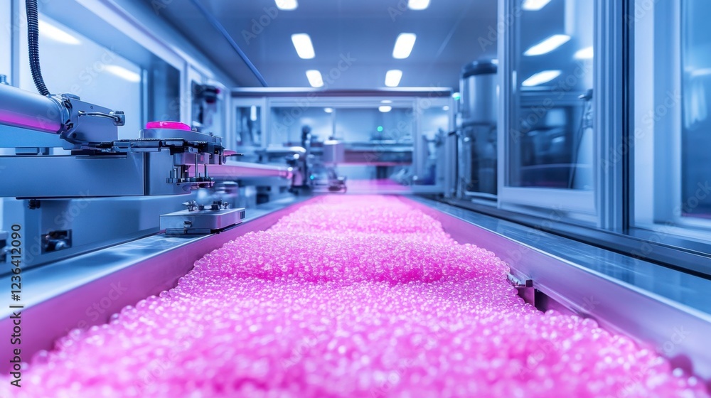 Aufkleber a high-tech candy factory with automated machinery sorting and packaging candies.