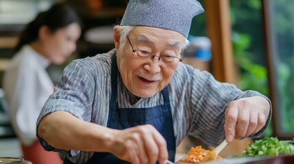 Mastering culinary skills elderly chef sustains business success in a cozy kitchen environment