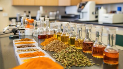 Fototapeta premium A high-tech food laboratory with samples of spices, grains, and test equipment.