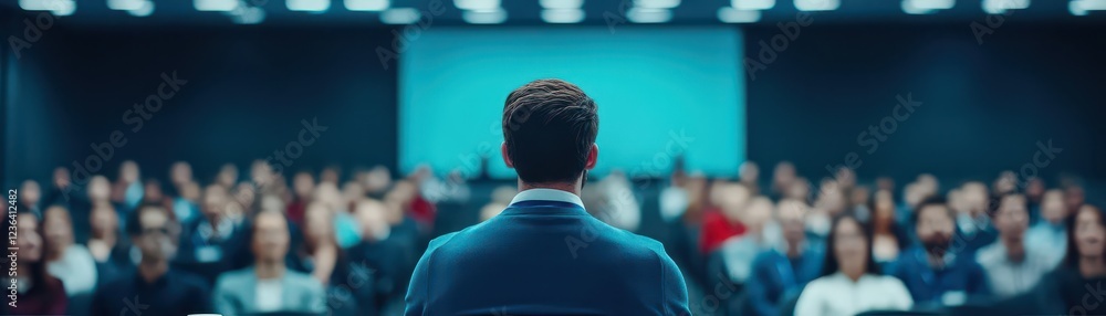 Aufkleber confident businessman in formal attire addressing an engaged audience in a large auditorium evoking 