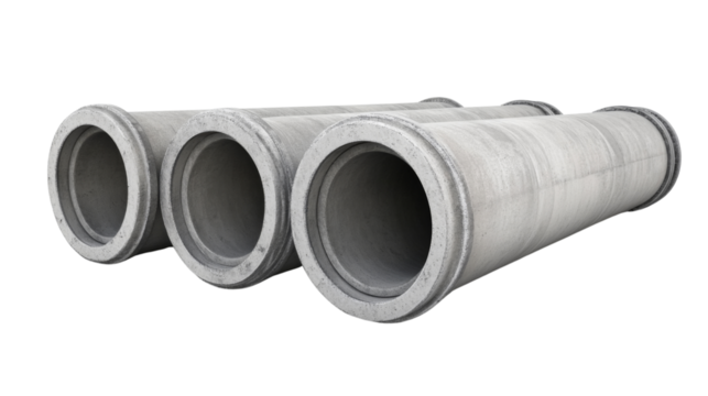 Three concrete pipes isolated on transparent background