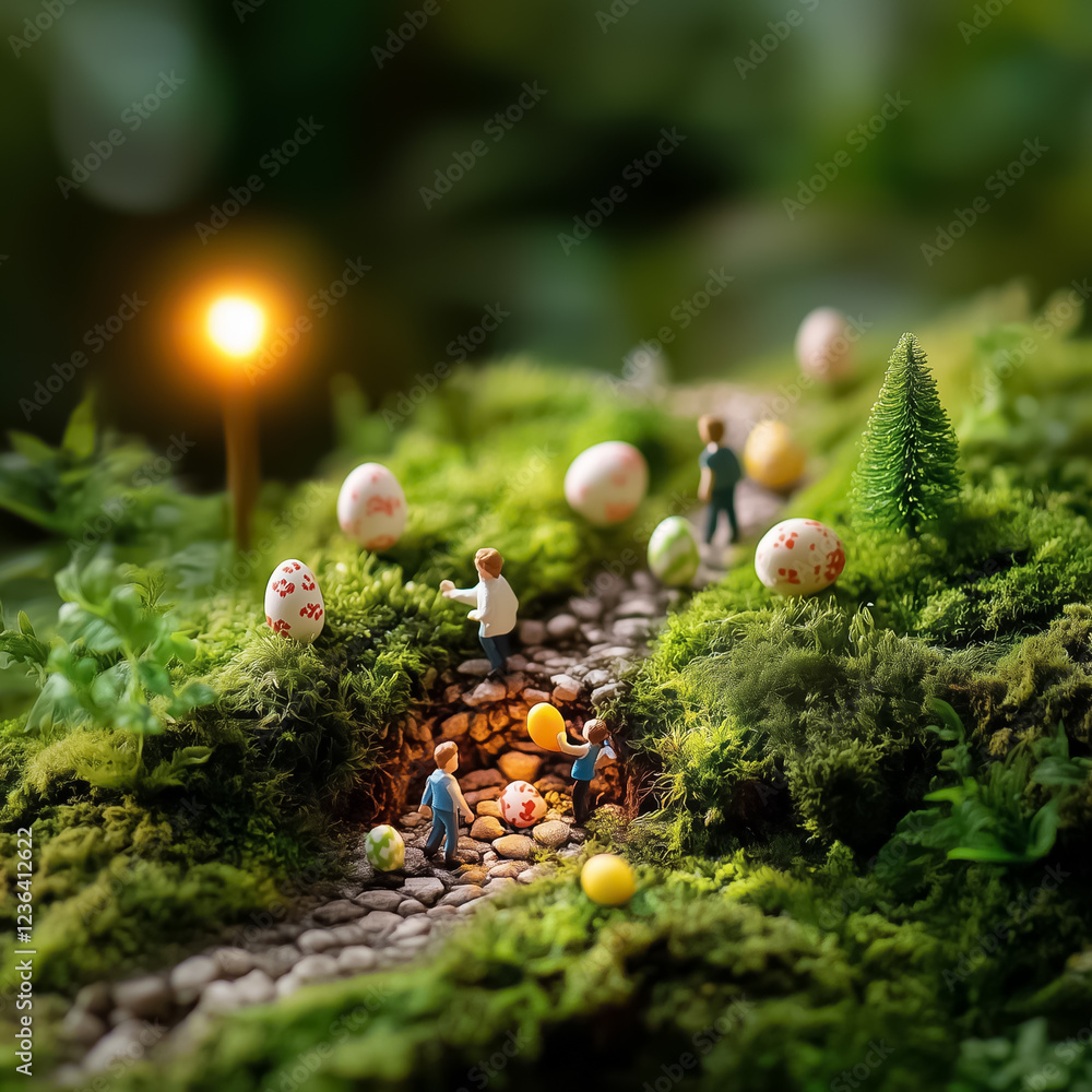 Poster tiny figures participate in a joyful easter egg hunt along a mossy forest path adorned with colorful