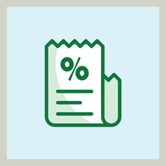 Green icon of a receipt with a percentage symbol in the center on soft blue background