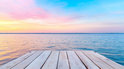 Fototapeta premium Calm lake sunset, wooden dock, peaceful sky. Perfect for travel brochures
