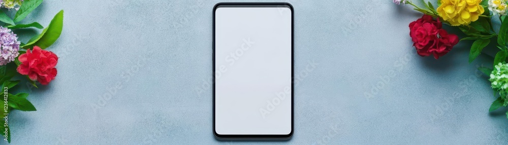 Poster vibrant smartphone displaying empty screen surrounded by colorful blossoms on a bright blue backgrou