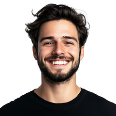 Obraz premium Young bearded man wearing a black shirt smiles broadly at the viewer, presenting a positive and inviting expression suitable for professional.