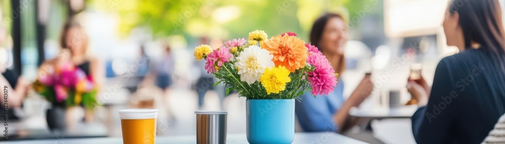 Aufkleber charming arrangement of colorful flowers in elegant vase accompanied by refreshing glass of beer set