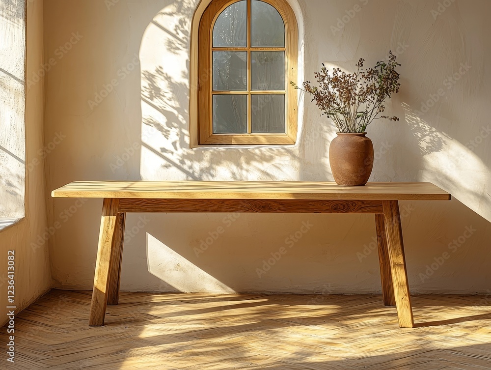 Poster sunlit oak table with minimalist design and tranquil ambiance for product display
