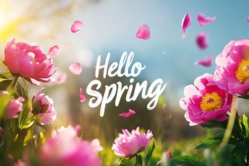 Inscription of Hello Spring with beautiful peony flowers on blurred nature background