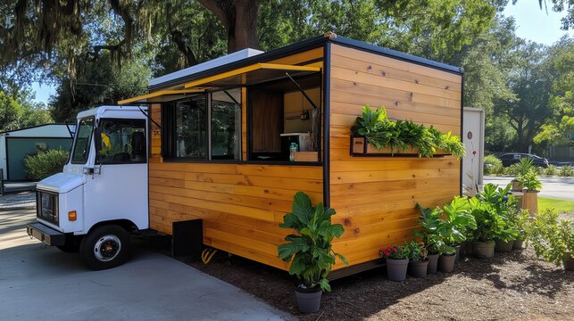 Mobile food service truck promoting sustainability urban environment visual content business growth