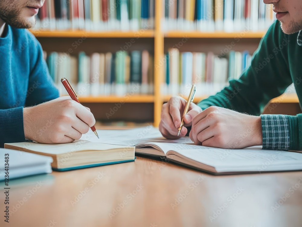 Poster Focused Students Engaged in Academic Study Surrounded by Books in a Quiet Library Environment Emphasizing Learning and Knowledge Acquisition
