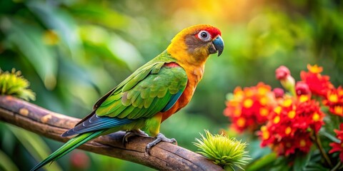 Fototapeta premium Paradise Gold Capped Conure In Lush Tropical Rainforest