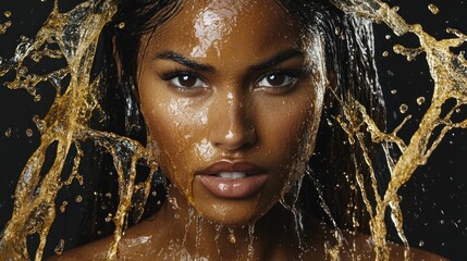 Fototapeta premium Woman, oil, splash, beauty, skincare, portrait, studio, dark, hair, face