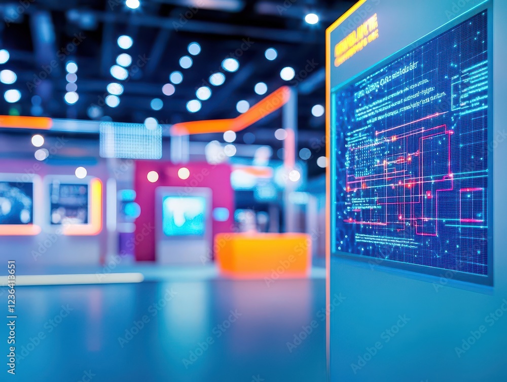 Poster Display Screen Illuminated in Vibrant Blue with Data Visualization and Graphs Creating a High-Tech Atmosphere in a Modern Digital Environment