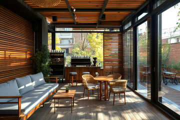 Fototapeta premium Modern cafe interior with warm lighting