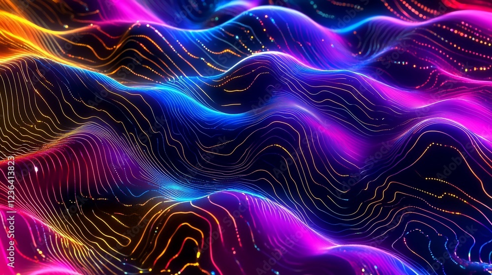Poster abstract digital landscape of wavy neon lines and dots in vibrant colors, creating a futuristic and 
