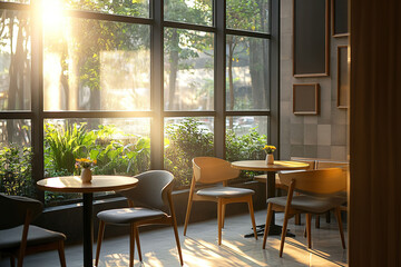 Modern cafe interior with warm lighting