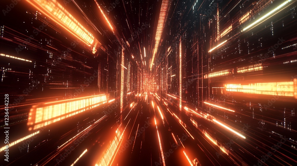 Poster abstract digital lines creating a fast tunnel effect with orange and yellow light