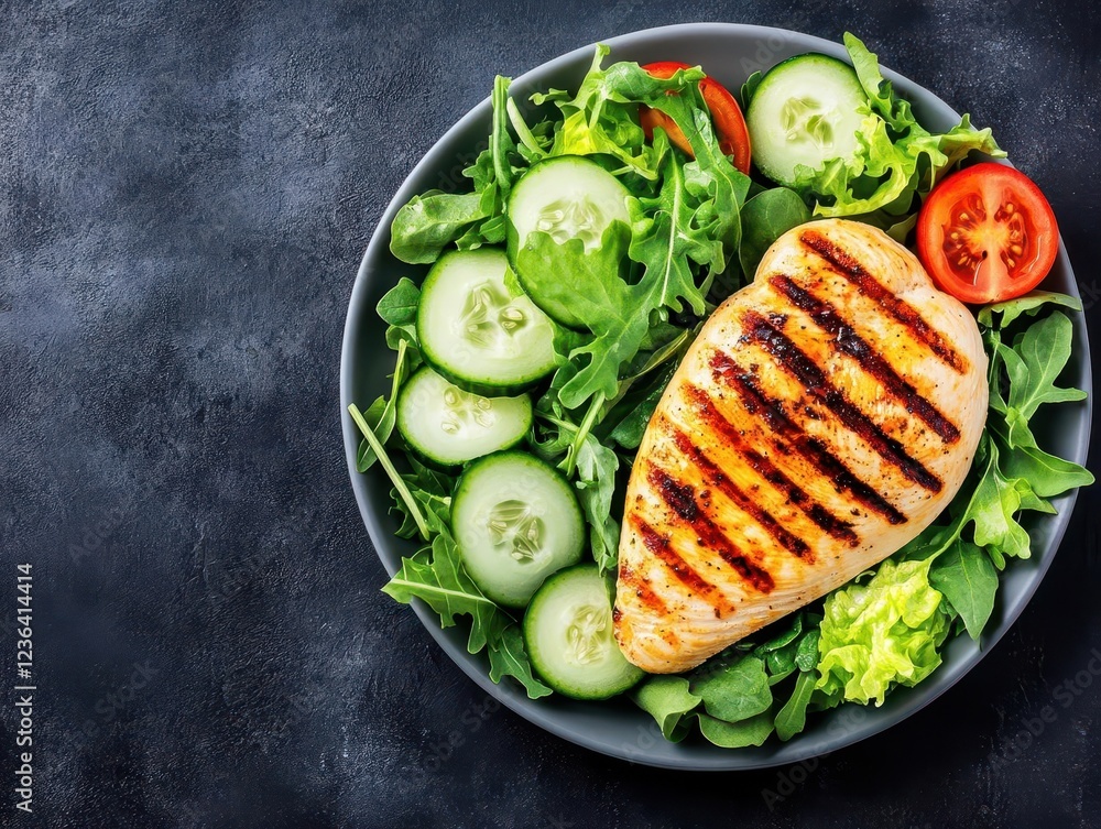 Poster delicious grilled chicken served with fresh colorful salad on a plate creating a healthy and appetiz
