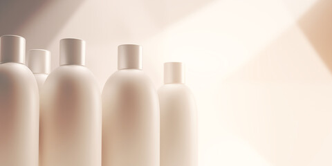 Minimalist bottles in soft light background.