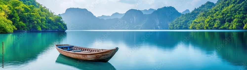 Aufkleber tranquil scene of a single boat gently floating on a calm lake surrounded by lush greenery under a b