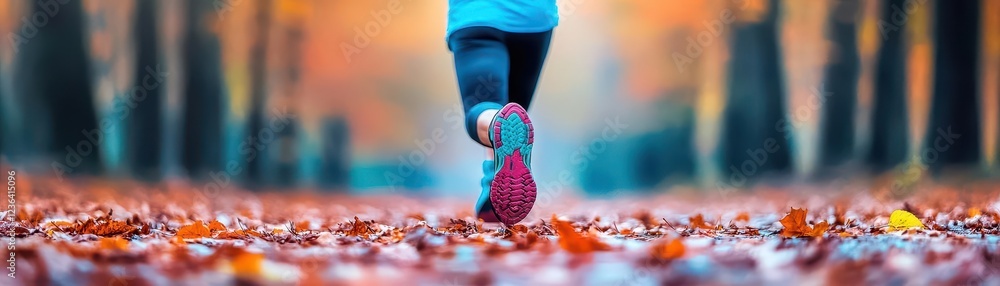 Poster energetic individual running through vibrant forest surrounded by colorful fall foliage under clear 