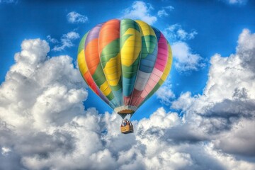 Fototapeta premium A colorful hot air balloon floating in the sky, with fluffy white clouds and blue skies in the background. The balloon is striped in a rainbow of colors.