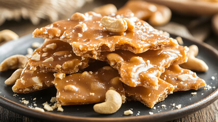 Cashew nut brittle with a sweet caramel coating, crunchy texture, and a rich, nutty flavor perfect for snacking.