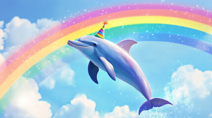 joyful dolphin wearing party hat leaps through air under vibrant rainbow, surrounded by fluffy clouds and sparkling water droplets, creating cheerful atmosphere