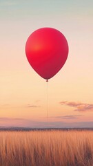 Fototapeta premium Red balloon floating over golden field at sunset nature photography peaceful atmosphere dreamy viewpoint