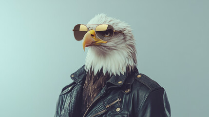 Majestic bald eagle wearing sunglasses and leather jacket, exuding confidence and style. This unique portrayal blends nature with modern twist, creating striking visual