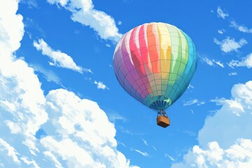 Obraz premium A colorful hot air balloon floating in the sky, with fluffy white clouds and blue skies in the background. The balloon is striped in a rainbow of colors.
