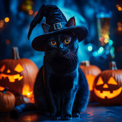 mysterious black cat wearing witch hat sits among glowing pumpkins, creating magical Halloween atmosphere. cat bright eyes shine in dim light, enhancing enchanting scene