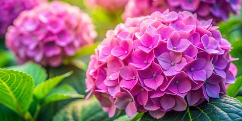 Pink Hydrangea Macrophylla Close Up Top View, Blooming Bigleaf Hortensia Flower, Garden Photography, Copy Space