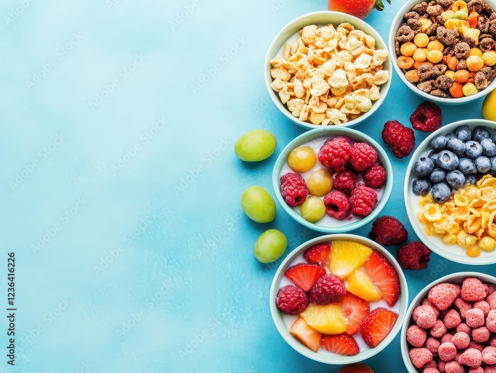 Aufkleber colorful assortment of fresh fruits and crunchy cereals arranged on a wooden table creating a vibran