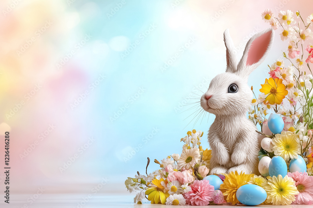 Poster easter bunny rests amidst an array of colorful spring flowers while looking directly at the viewer. 