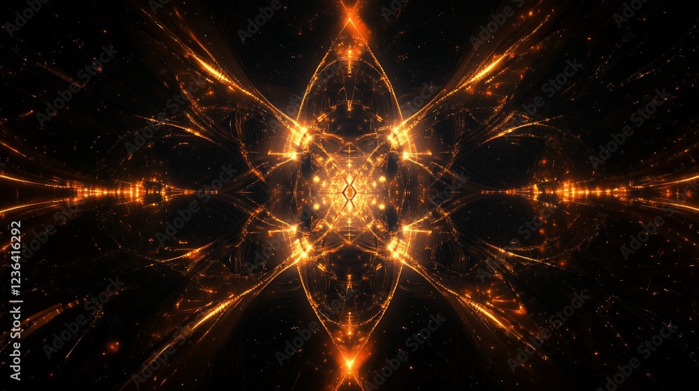 Poster abstract glowing fractal lines and patterns on dark background with bright orange colors