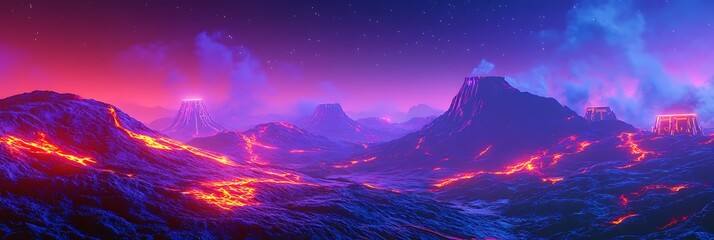Glowing volcanic fields on an exoplanet with cybernetic formations and bright skies 