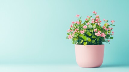 Photograph of a pink ceramic pot with green leaves and small flowers on a light blue background, symbolizing growth in business. 