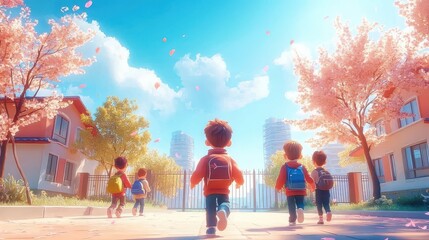Obraz premium Primary school students start and end school