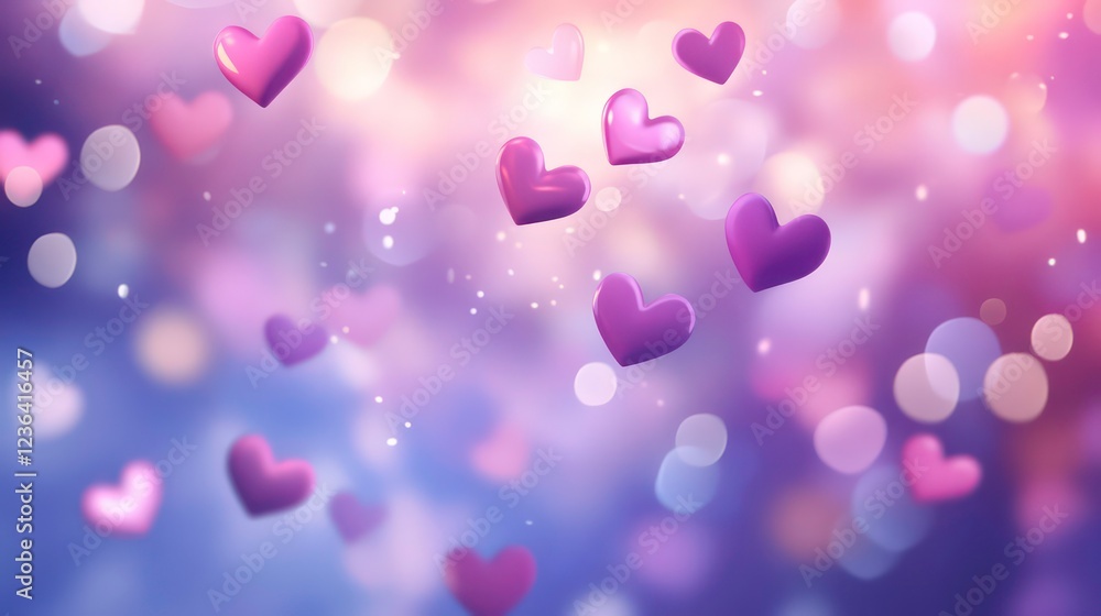 Poster Abstract background with floating purple hearts and bokeh lights.