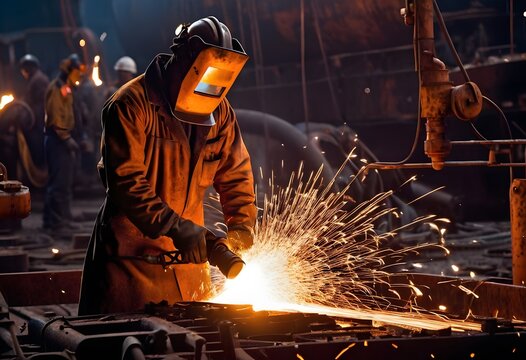 Welder is Cutting Apart Thick Steel Plates With an Oxy-fuel Torch