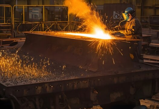 Welder is Cutting Apart Thick Steel Plates With an Oxy-fuel Torch