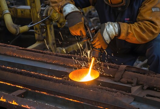 Welder is Cutting Apart Thick Steel Plates With an Oxy-fuel Torch