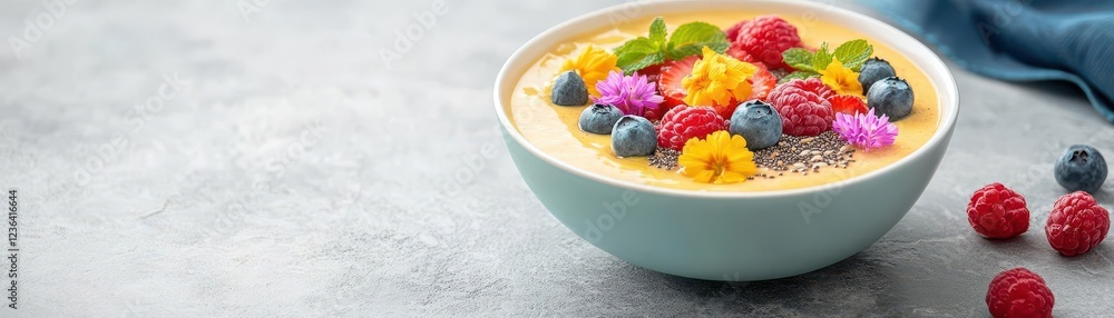 Poster vibrant bowl of assorted fresh fruits including apples bananas oranges and grapes arranged artfully 